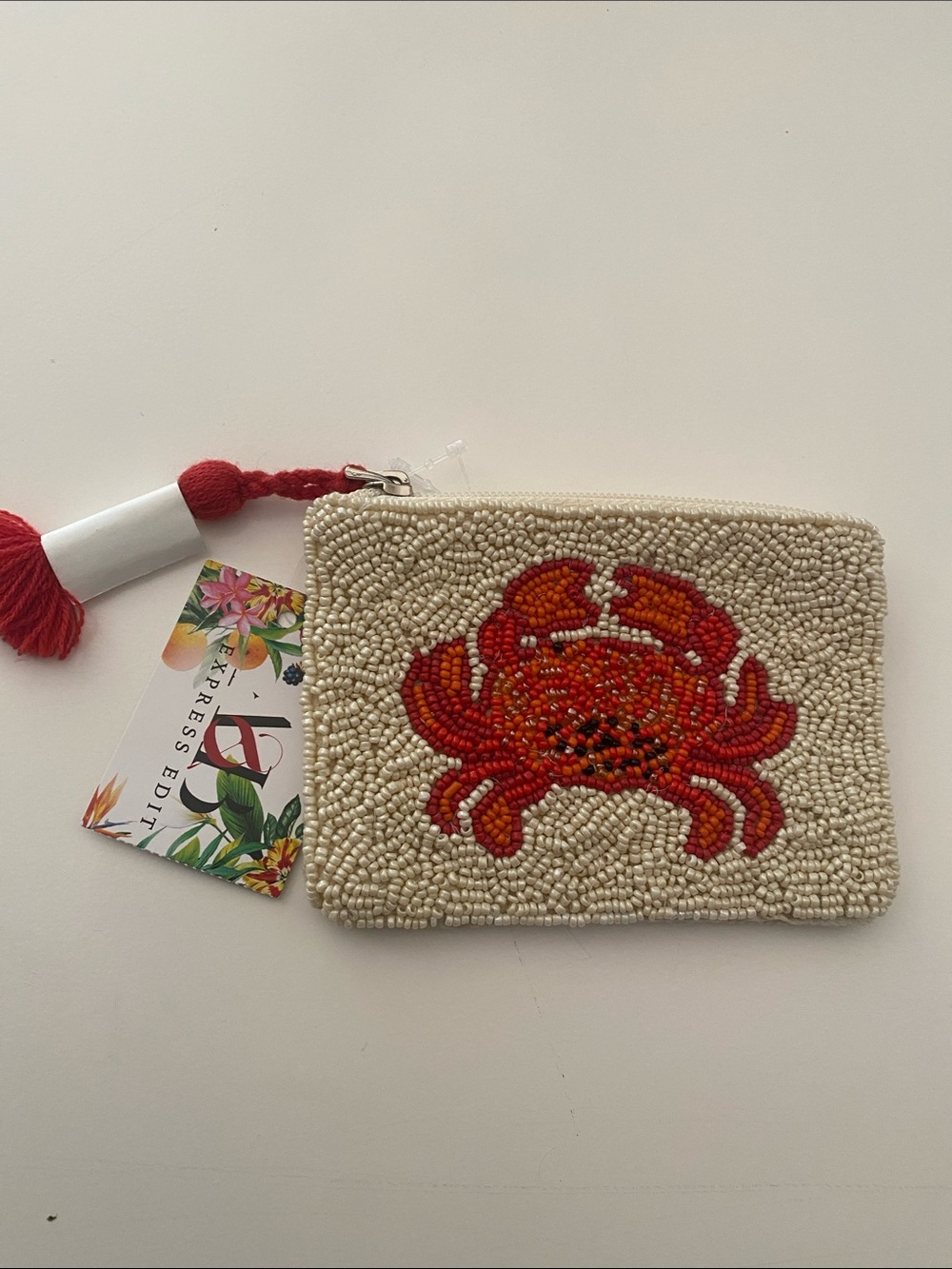 Beaded Crab Coin Purse - - Cream/Red